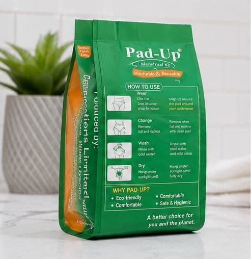 The care instructions printed on the back of a Pad-Up pack