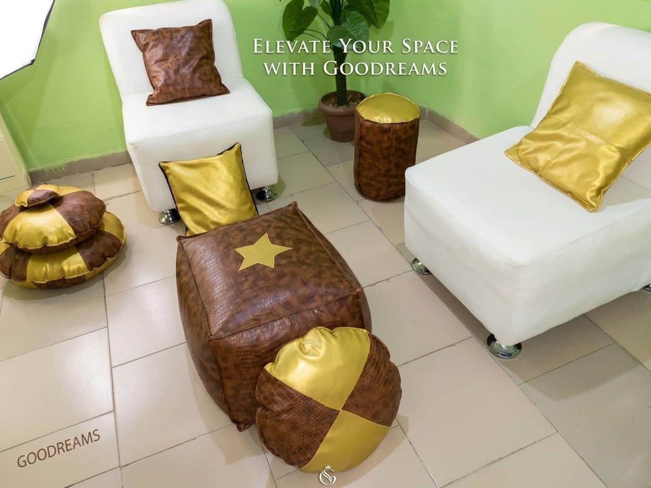 Cushions, poufs and furniture made by Kommmb Innovations from Pad-Up's leather and fabric offcuts